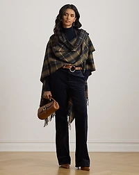 Plaid Faux-Leather-Trim Ruana