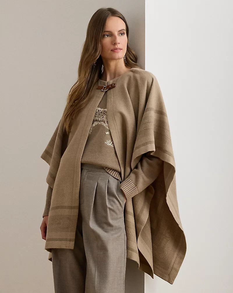 Buckle-Trim Belting-Motif Jacquard Ruana