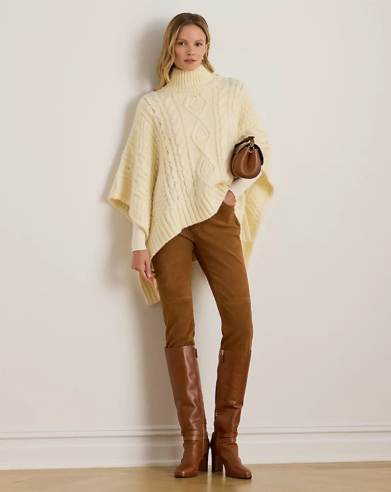 Button-Trim Cable-Knit Mockneck Poncho
