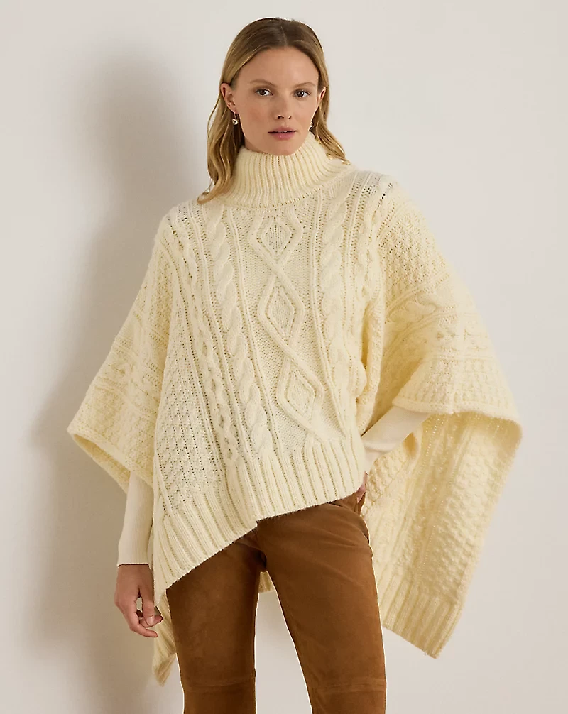 Button-Trim Cable-Knit Mockneck Poncho