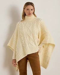 Button-Trim Cable-Knit Mockneck Poncho