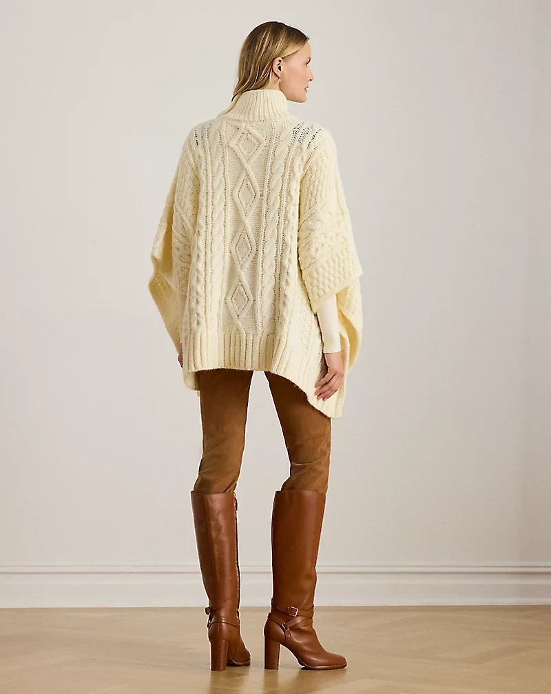 Button-Trim Cable-Knit Mockneck Poncho