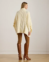 Button-Trim Cable-Knit Mockneck Poncho