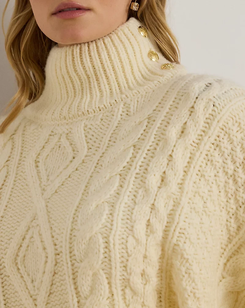 Button-Trim Cable-Knit Mockneck Poncho