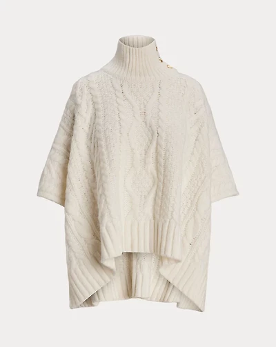 Button-Trim Cable-Knit Mockneck Poncho