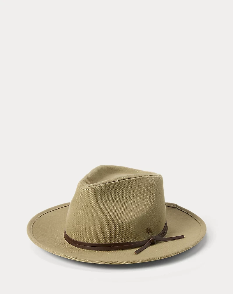 Leather-Trim Cotton Canvas Fedora