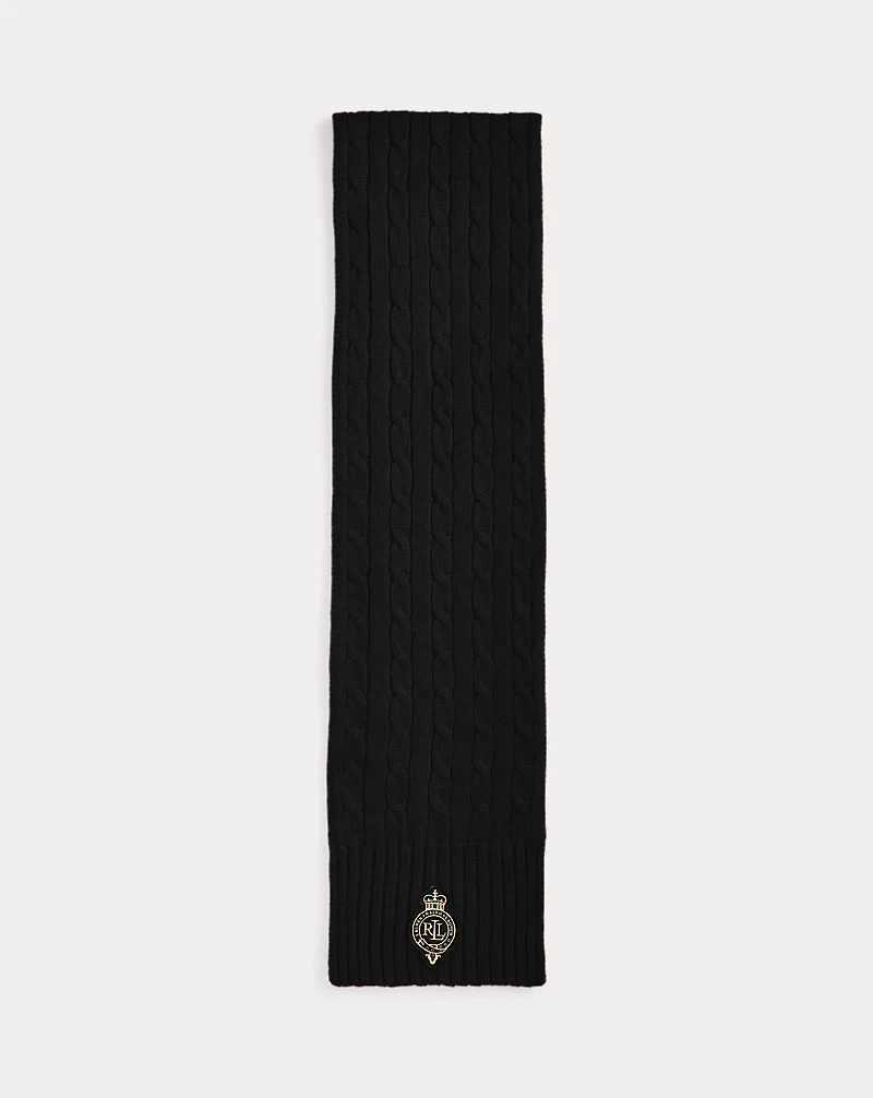 Crest-Patch Cable-Knit Scarf