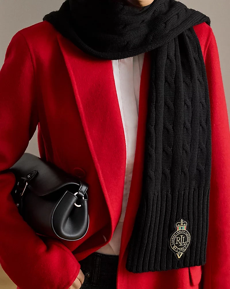 Crest-Patch Cable-Knit Scarf