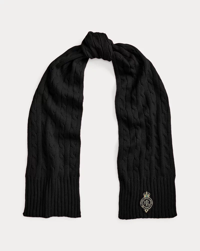 Crest-Patch Cable-Knit Scarf
