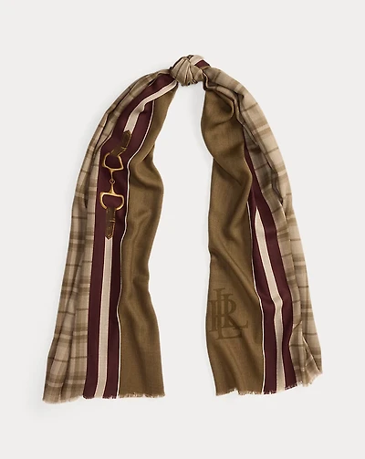 Plaid & Horse Bit-Motif Wrap Scarf