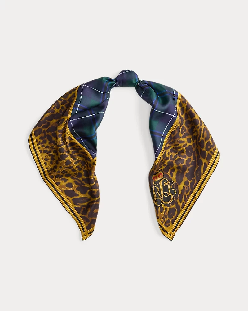 Plaid & Leopard-Print Silk Square Scarf