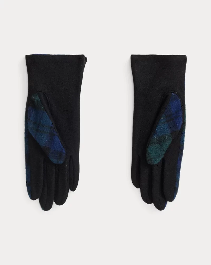 Plaid Button-Trim Wool-Blend Gloves