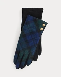 Plaid Button-Trim Wool-Blend Gloves