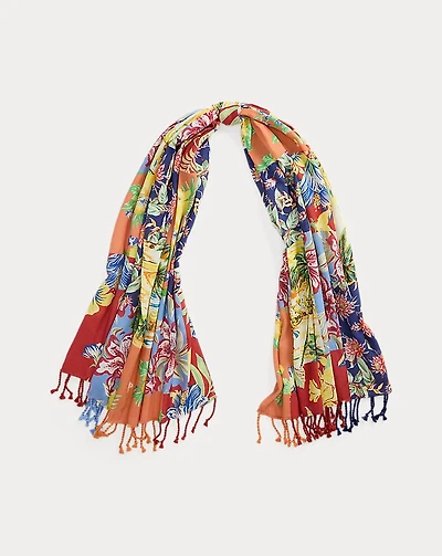 Floral-Patchwork Fringe Cotton Scarf