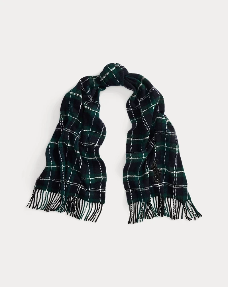 Beaded Big Pony Plaid Wool Scarf