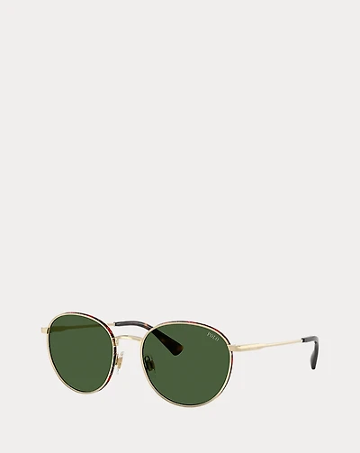 Plaid-Accent Round Metal Sunglasses