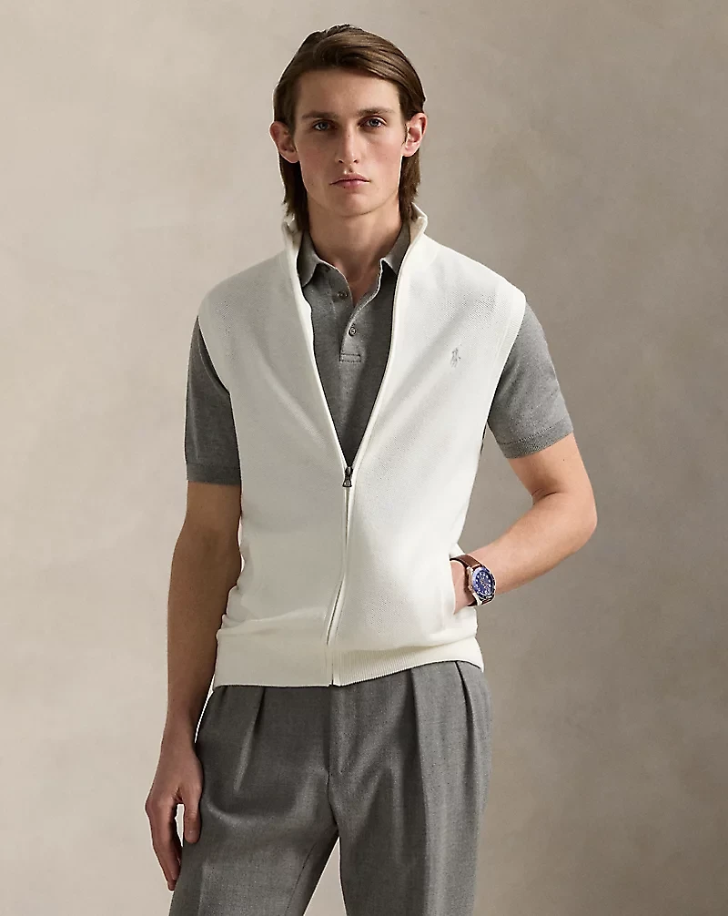 Mesh-Knit Cotton Full-Zip Sweater Vest