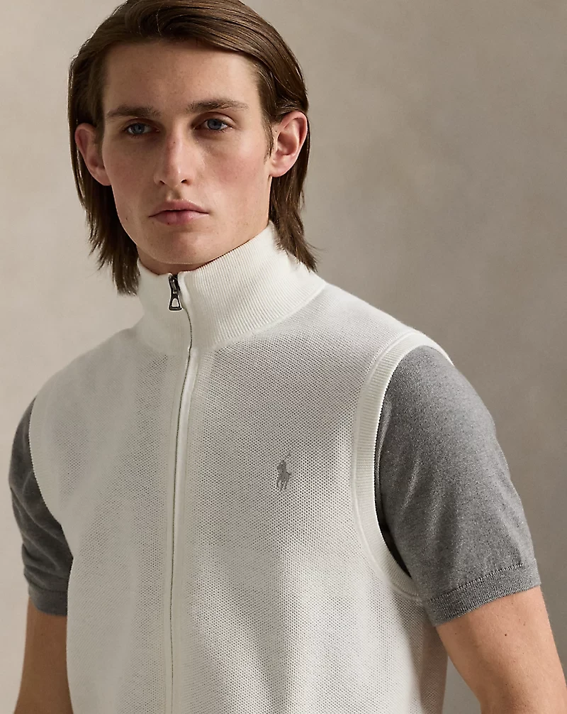 Mesh-Knit Cotton Full-Zip Sweater Vest