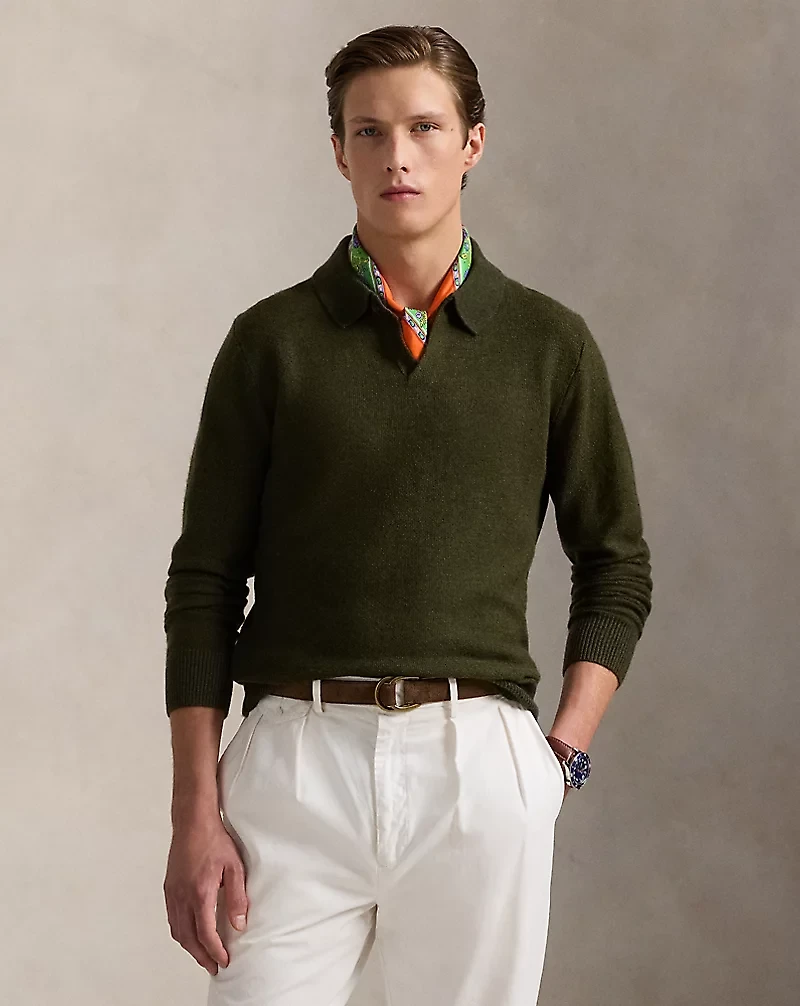 Linen-Cashmere Johnny-Collar Sweater