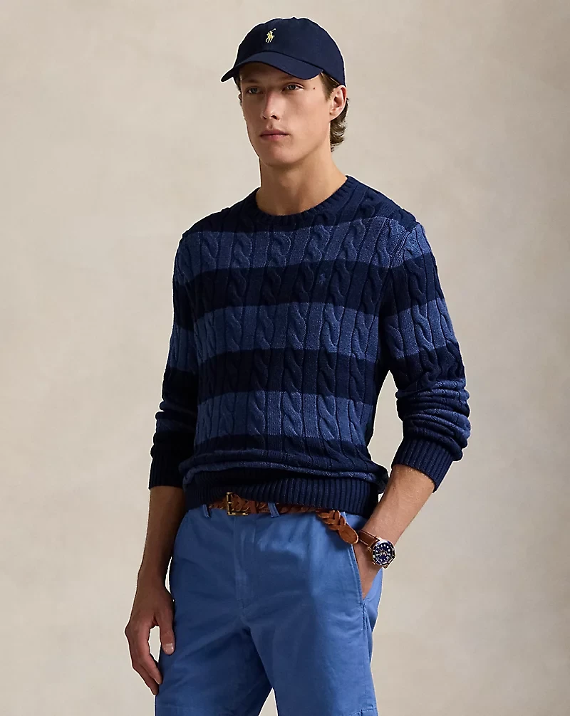 Striped Cable-Knit Cotton Sweater