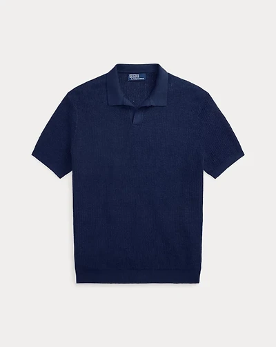 Mesh-Knit Linen Johnny-Collar Sweater