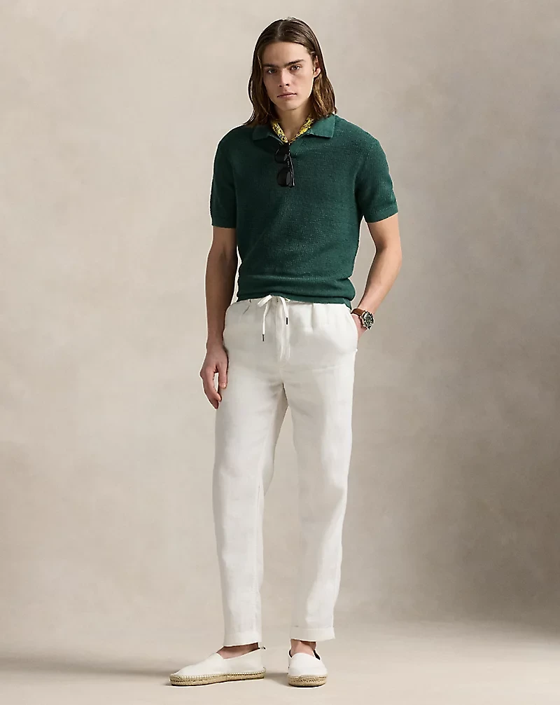 Mesh-Knit Linen Johnny-Collar Sweater