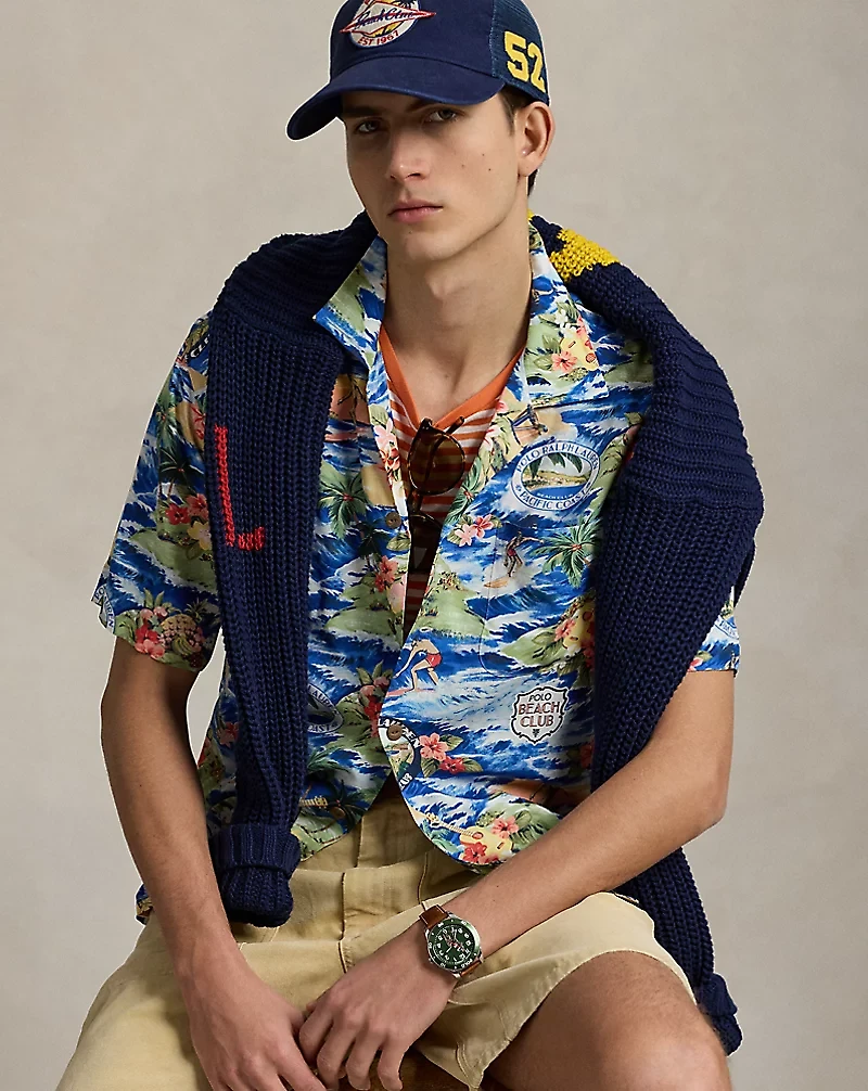 Classic Fit Beach-Print Camp Shirt
