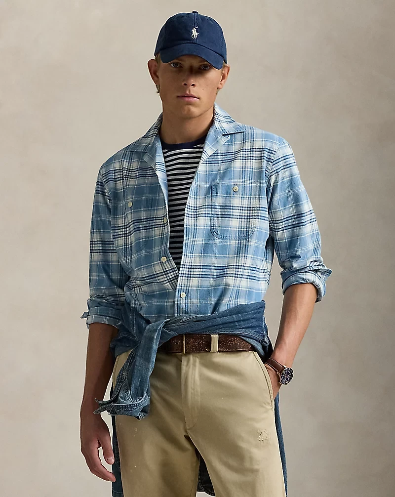 Classic Fit Indigo Plaid Camp Shirt