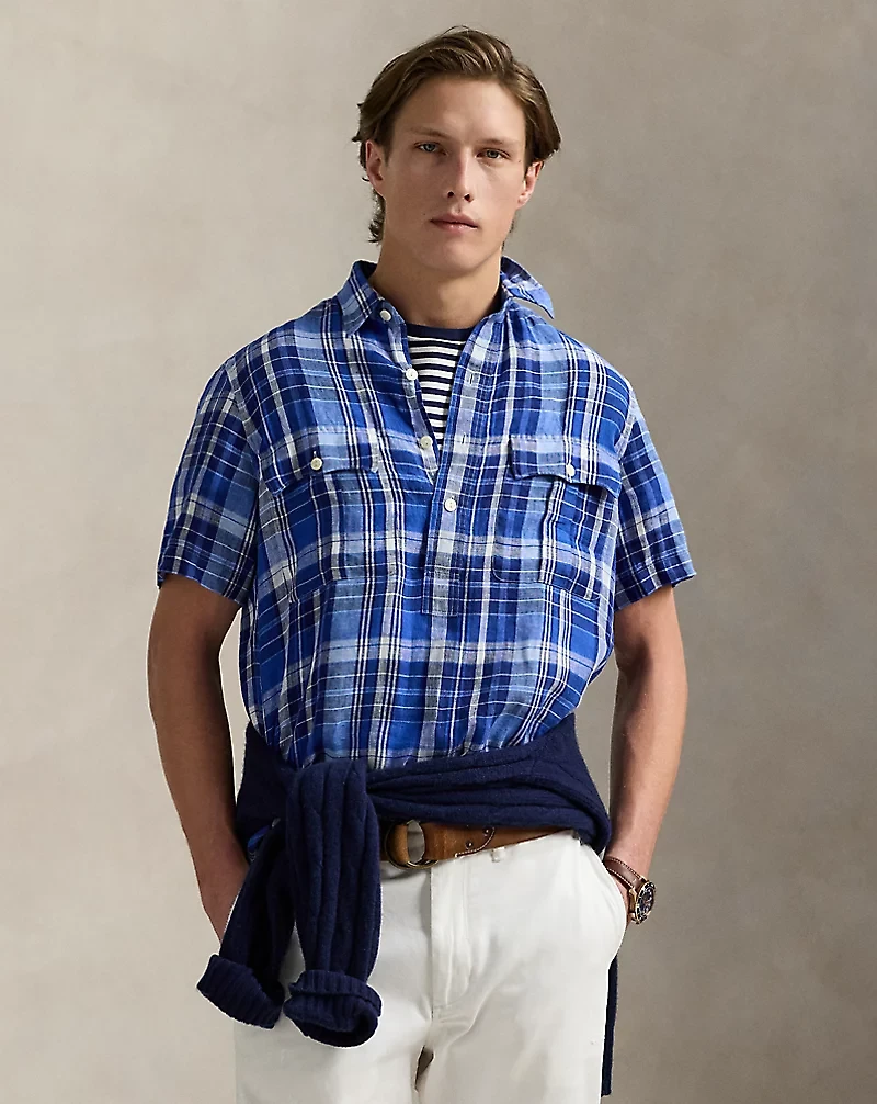Classic Fit Plaid Linen Popover Shirt