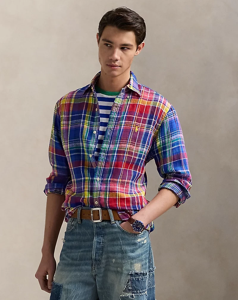 Classic Fit Plaid Linen Shirt