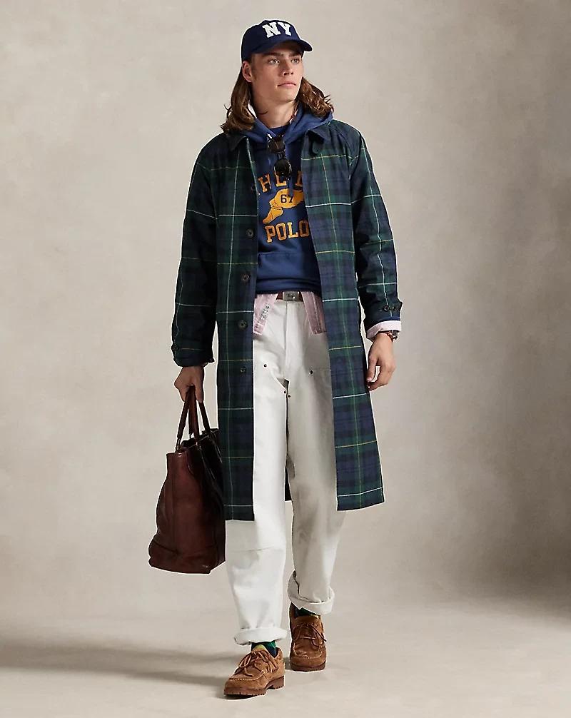 Plaid Waxed Twill Balmacaan Coat