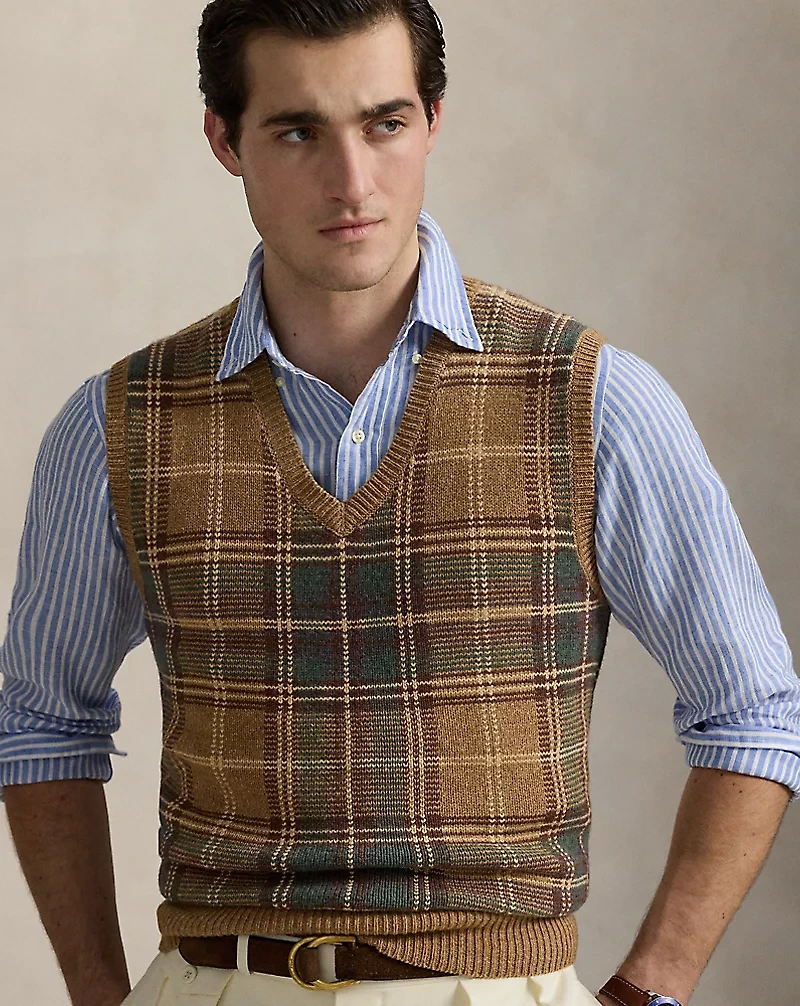 Plaid Wool-Cotton Sweater Vest