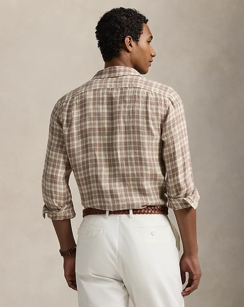 Classic Fit Plaid Linen Camp Shirt