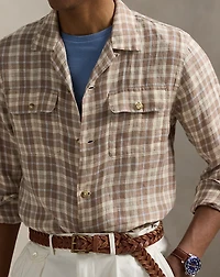 Classic Fit Plaid Linen Camp Shirt