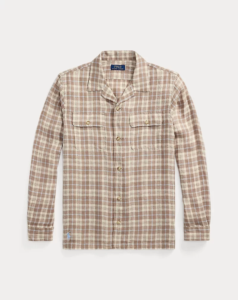 Classic Fit Plaid Linen Camp Shirt