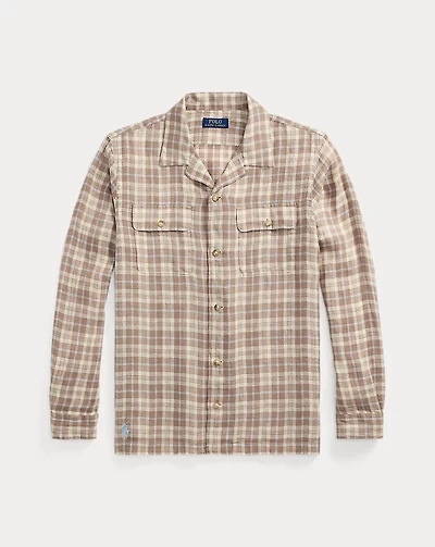 Classic Fit Plaid Linen Camp Shirt