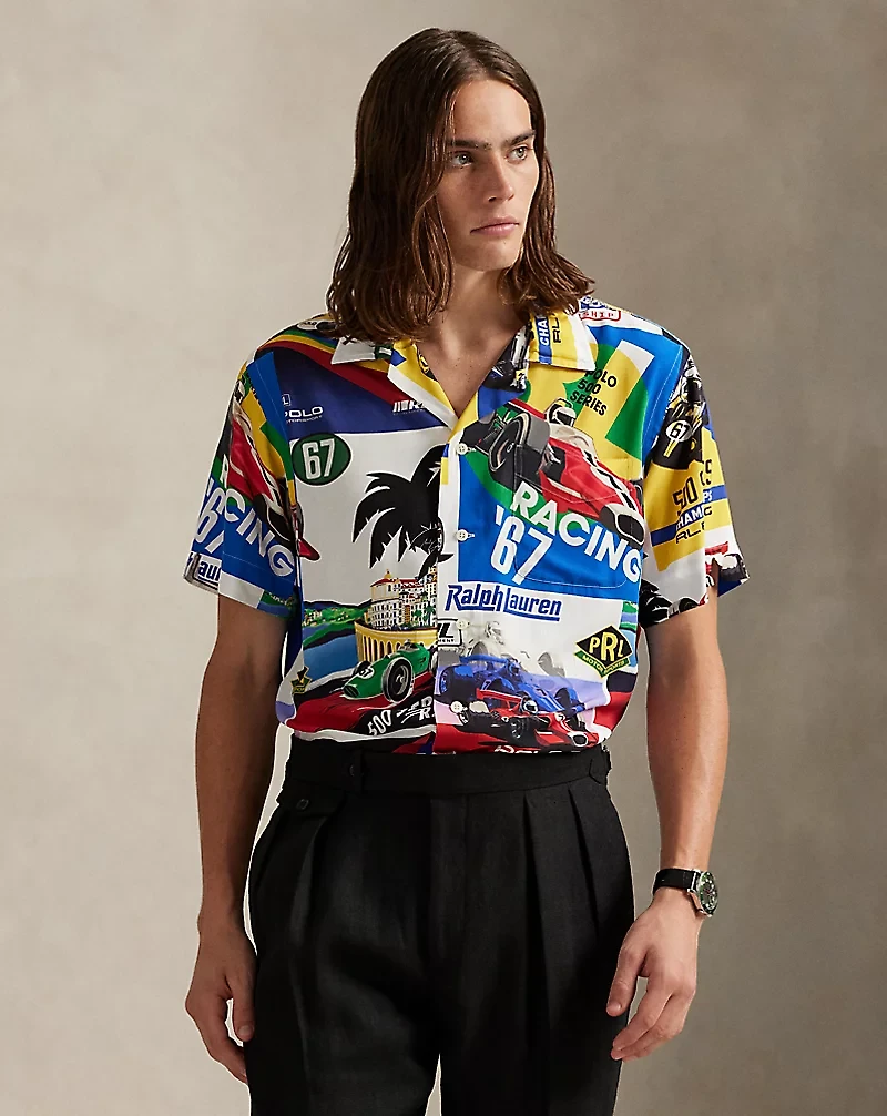 Classic Fit Racing-Print Camp Shirt