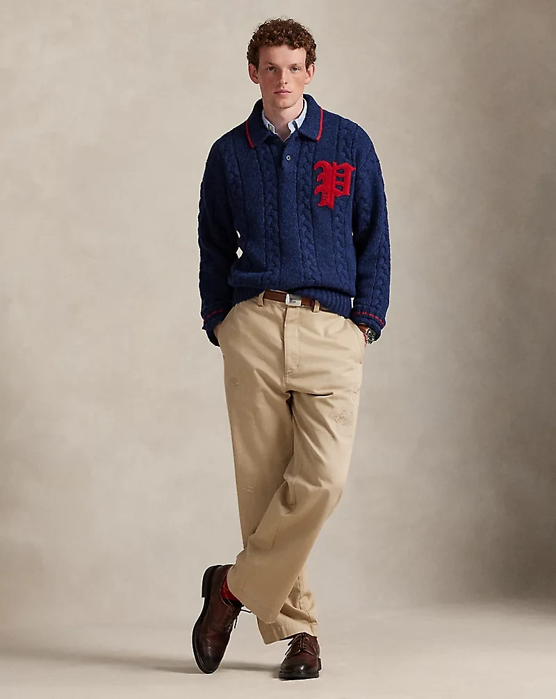 Cable-Knit Polo-Collar Letter Sweater