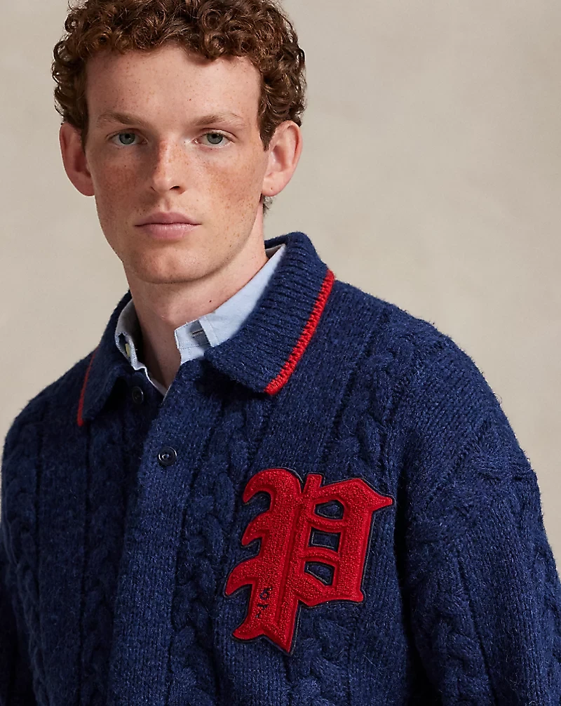 Cable-Knit Polo-Collar Letter Sweater