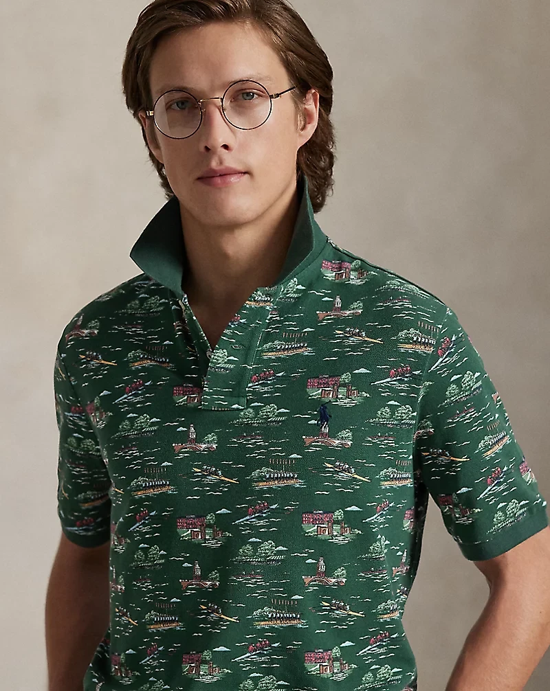 Classic Fit Scenic-Print Mesh Polo Shirt