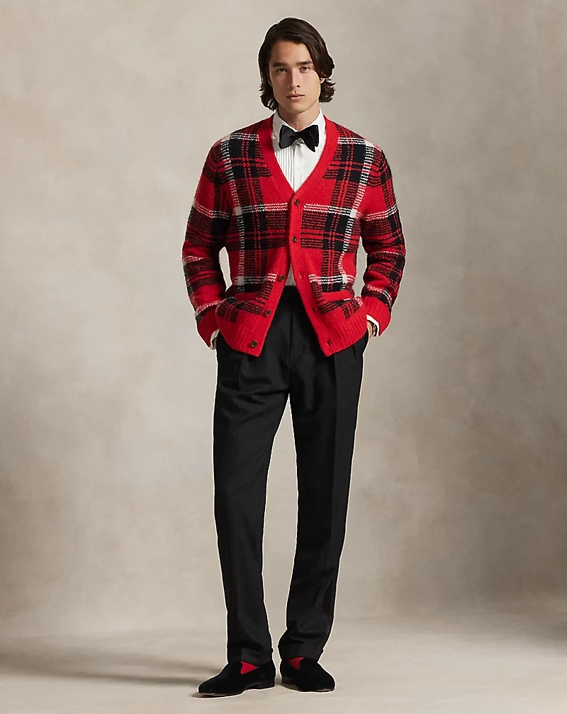 Suede-Patch Plaid Wool-Blend Cardigan