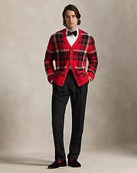 Suede-Patch Plaid Wool-Blend Cardigan