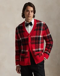 Suede-Patch Plaid Wool-Blend Cardigan