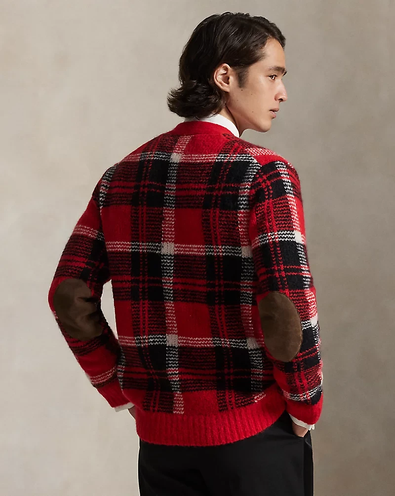 Suede-Patch Plaid Wool-Blend Cardigan