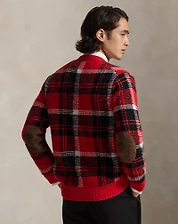 Suede-Patch Plaid Wool-Blend Cardigan