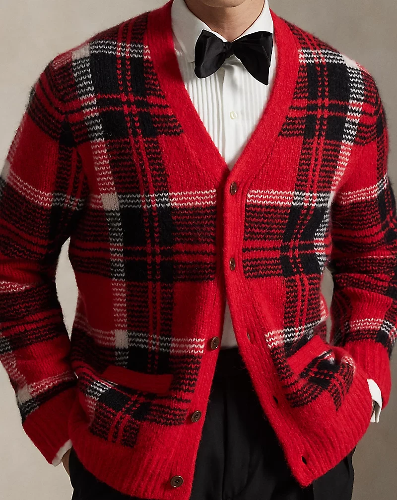 Suede-Patch Plaid Wool-Blend Cardigan