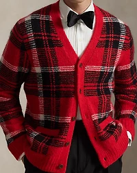 Suede-Patch Plaid Wool-Blend Cardigan