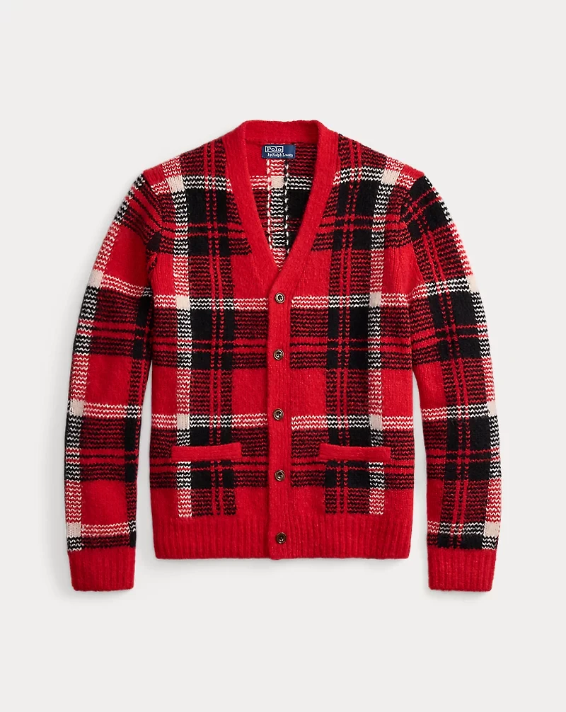 Suede-Patch Plaid Wool-Blend Cardigan
