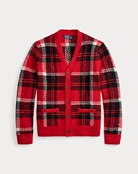 Suede-Patch Plaid Wool-Blend Cardigan