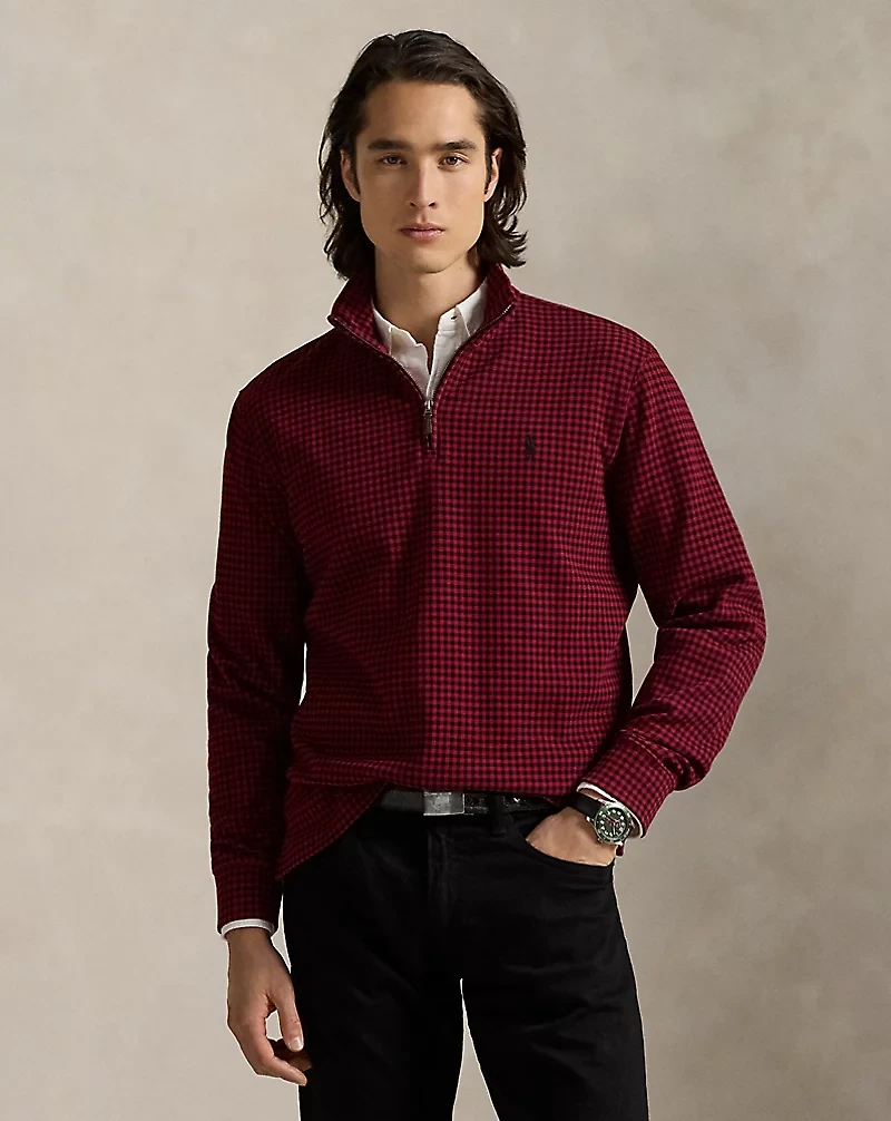 Checked Estate-Rib Quarter-Zip Pullover